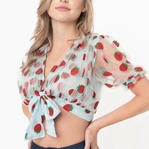 Smak Parlour Strawberry Print Sheer Tie-Front Blouse